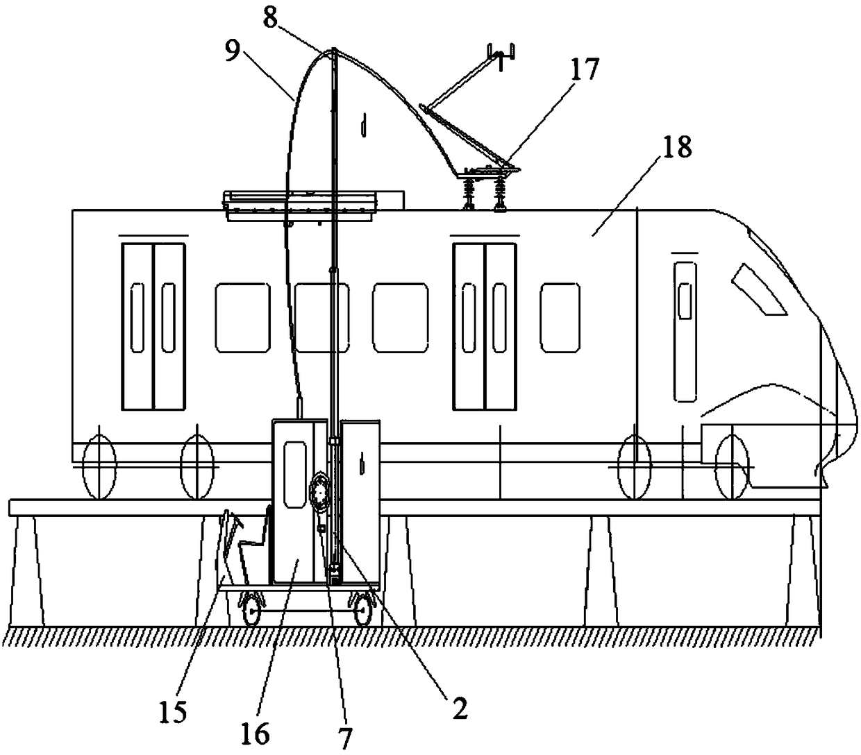 Cable lifting device used for rail car voltage withstand test, and test equipment