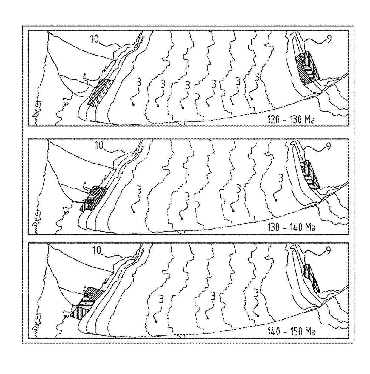 Paleogeographic reconstruction of an area ofthe earth crust