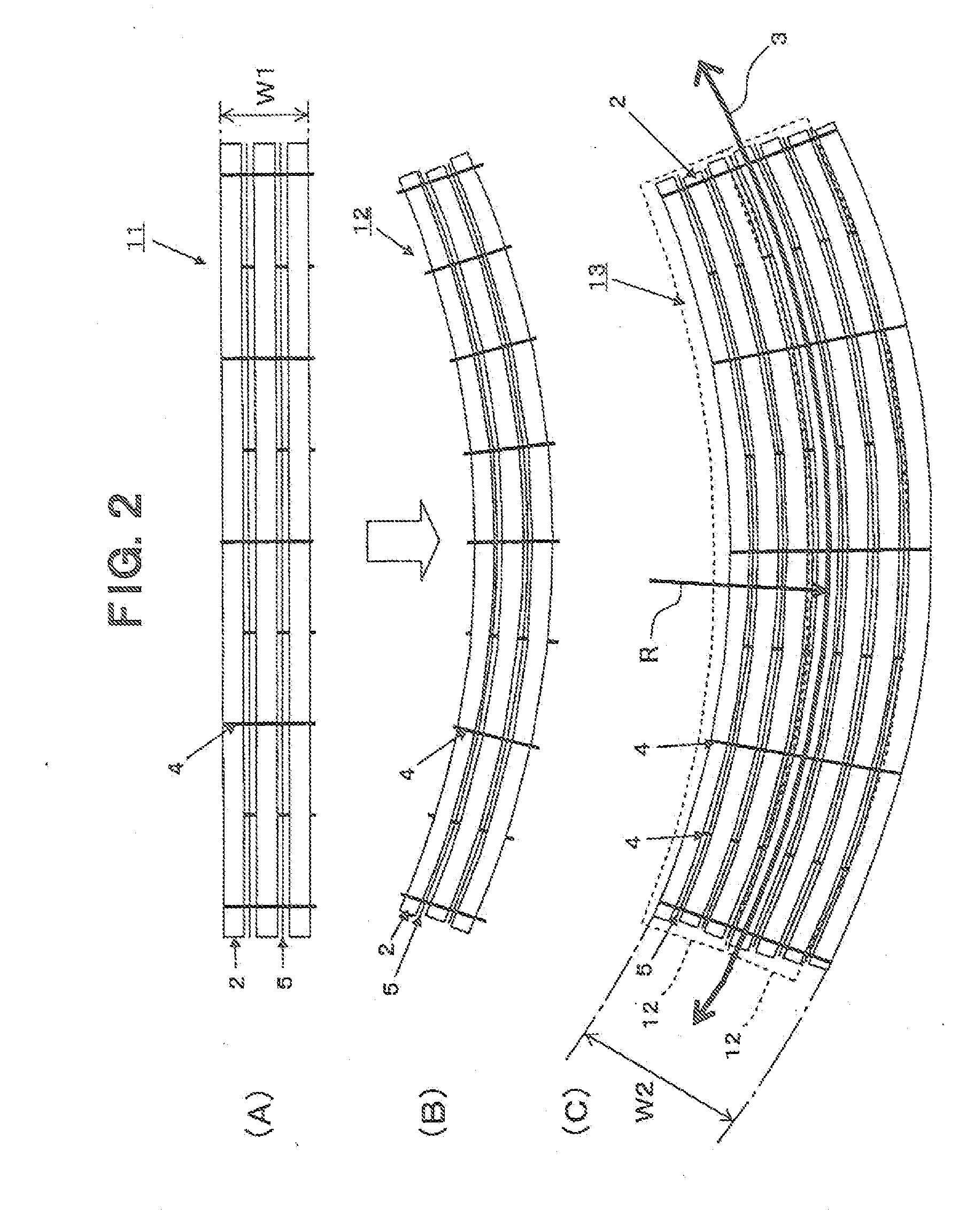 Reinforcing fiber substrate of curved shape, layered product using the same, preform, fiber-reinforced resin composite material, and processes for producing those