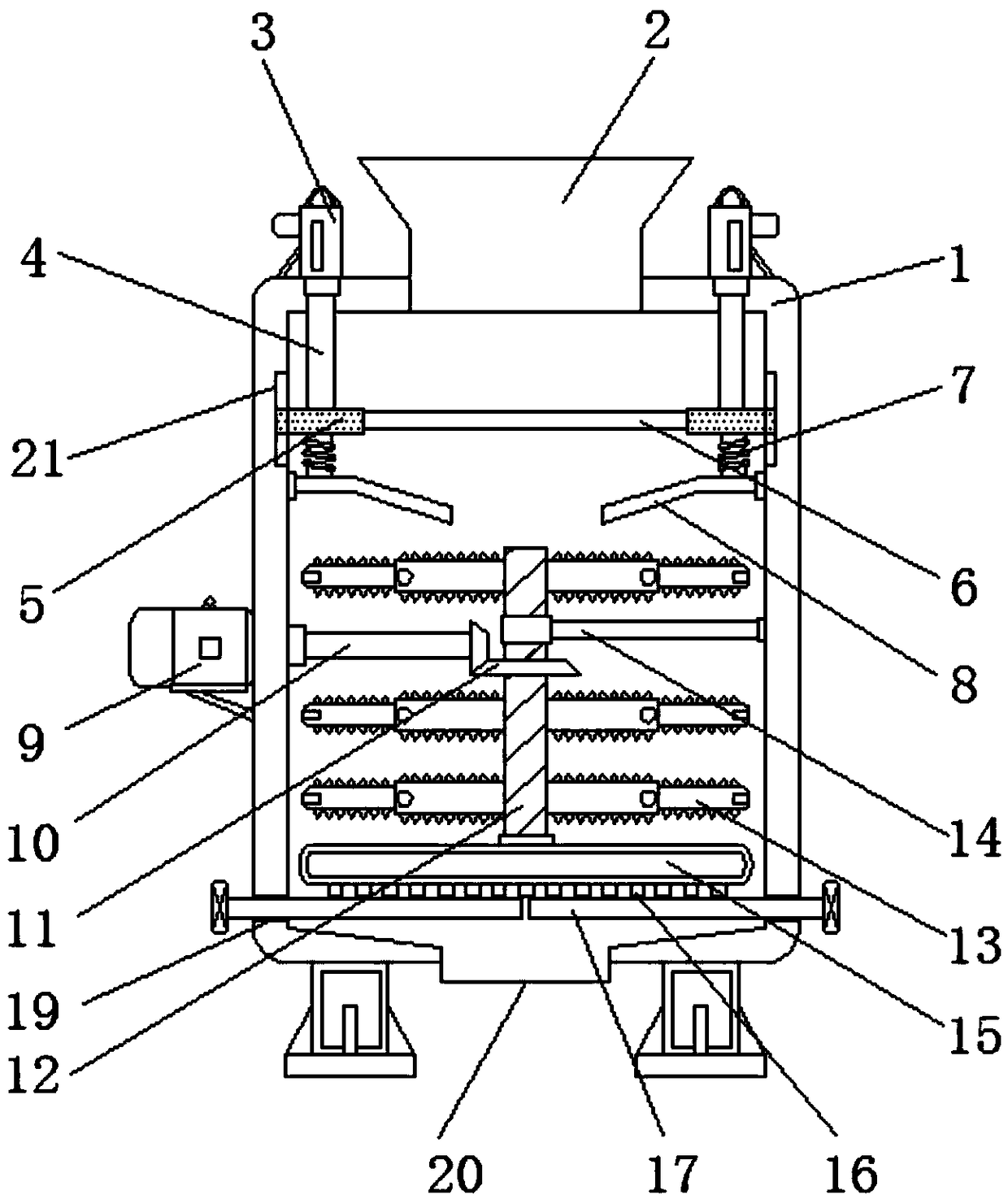 Raw material smashing device having purifying and impurity removing functions and used for lithium carbonate production