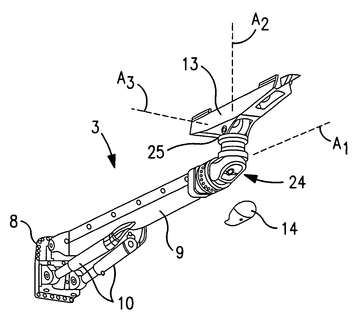 Rotation device for a boom of a mining or constructions work rig, rig and boom