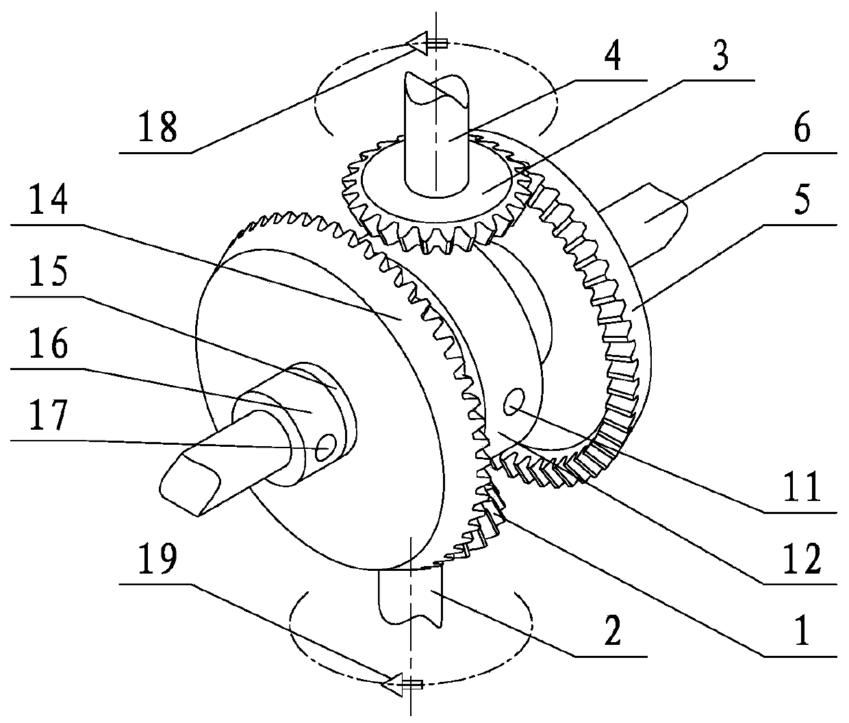 Double-bevel gear differential speed reducing mechanism