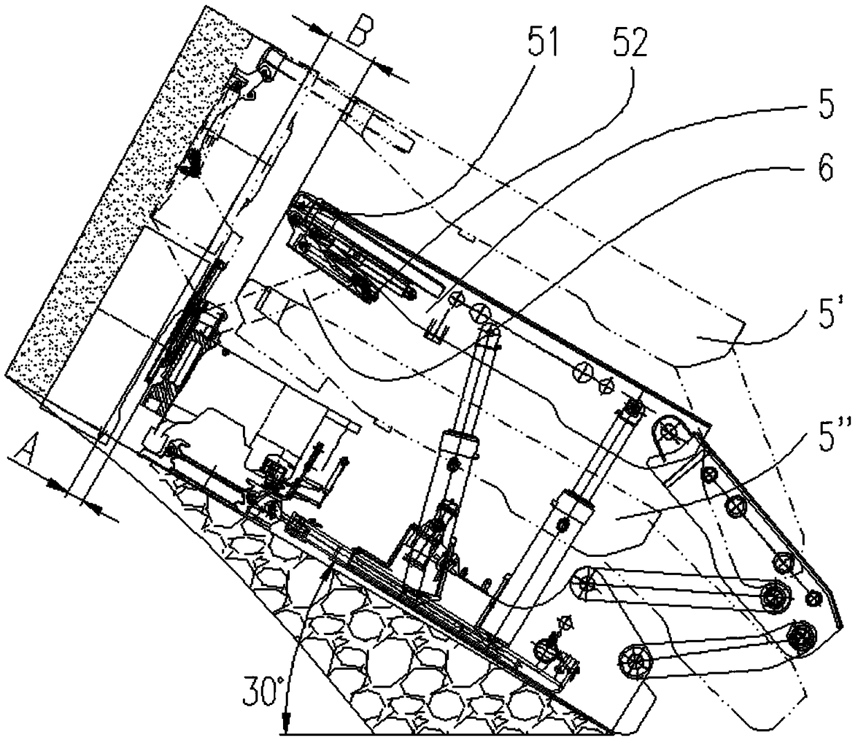 Coal mining machine material blocking mechanism suitable for large-pitch mining angle and wide mining high-range working surfaces