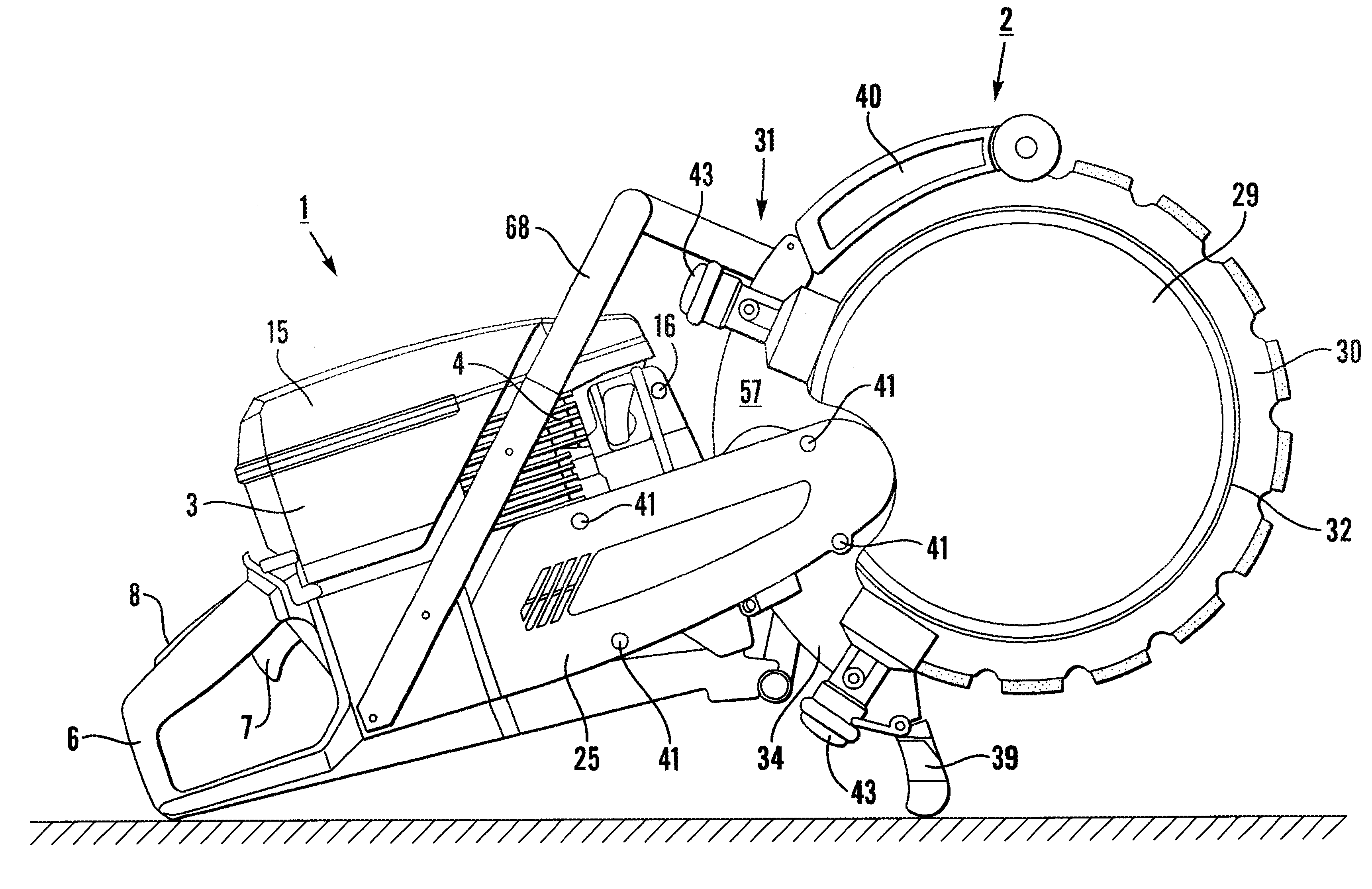 Portable, combustion engine powered cutting or sawing machine