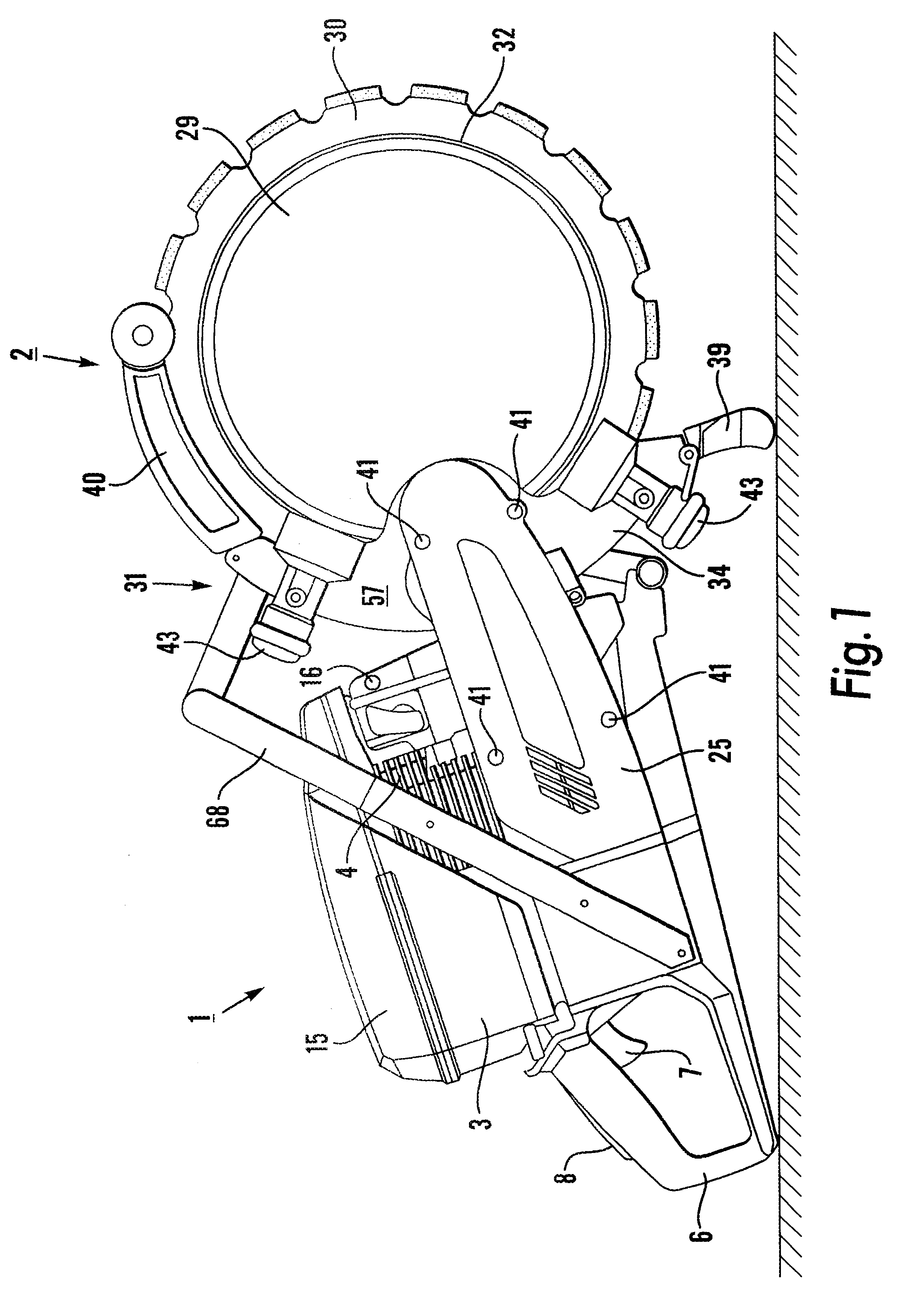 Portable, combustion engine powered cutting or sawing machine