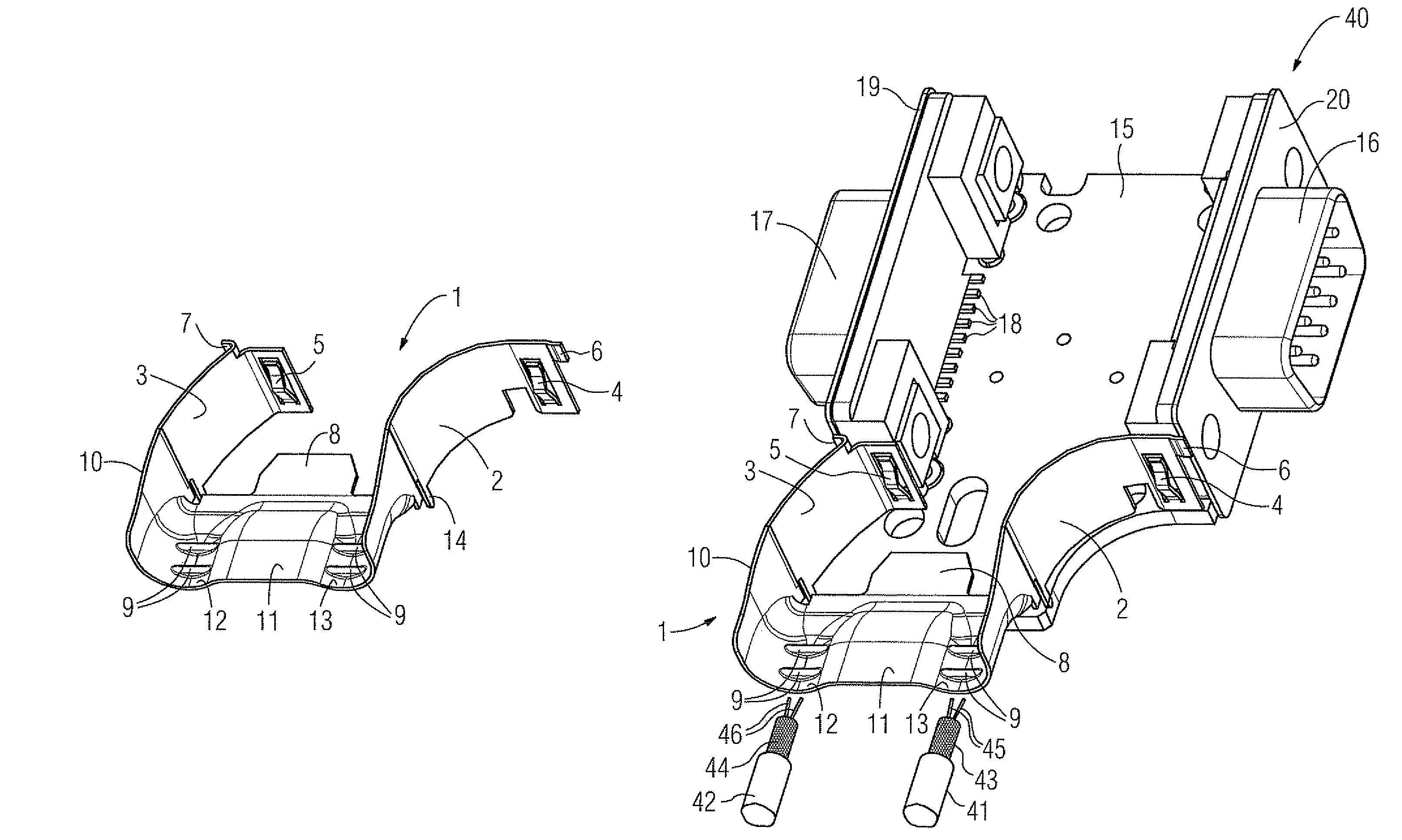 Bus connector with at least two cable connections for bus lines