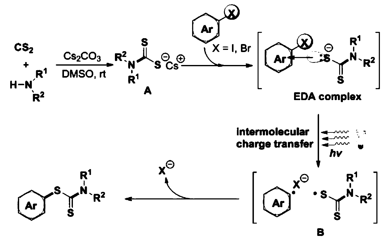 Visible light promoted synthesis method and application of dithiocarbamate compounds