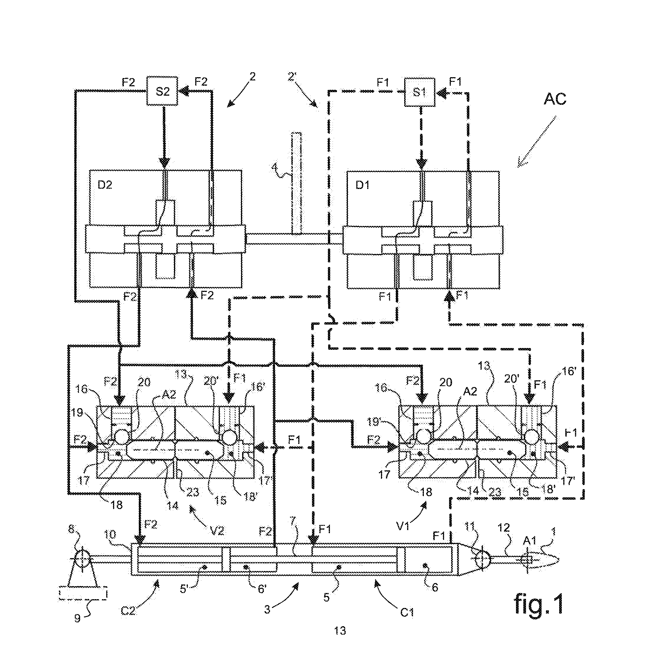 Pressure-balance valve for balancing fluid feed to actuator cylinders of a servo-control for controlling rotor blades of a rotorcraft