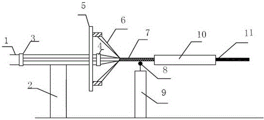 Long core mold location supporting device for tube pultruding and mounting method thereof