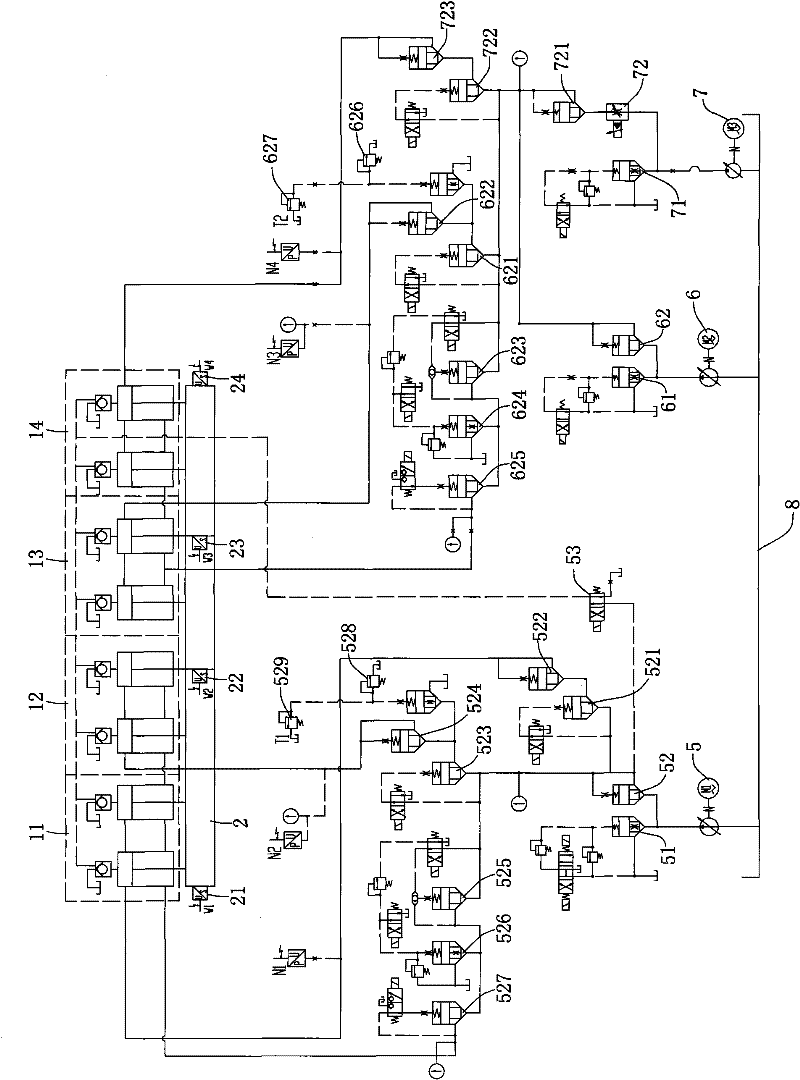 Synchronous control system for longitudinal beam hydraulic machine