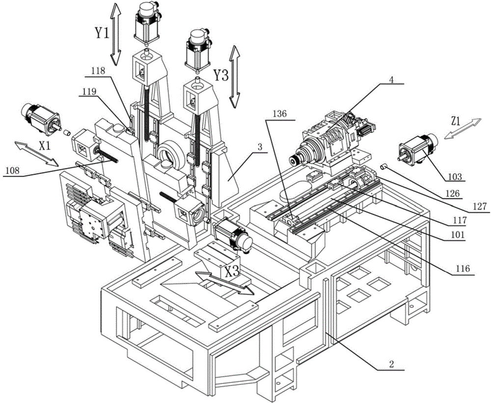 Core-passing turning-milling machine tool of five-shaft structure