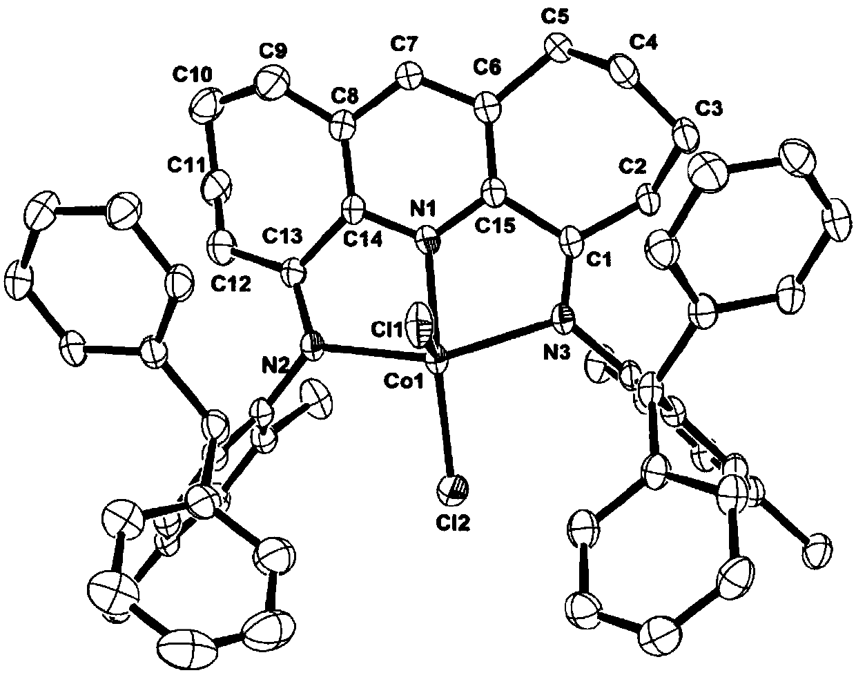 Symmetrical seven-membered imino pyridine complex containing large steric hindrance substituent groups for preparing polyethylene wax, and preparation method and application of symmetrical seven-membered imino pyridine complex