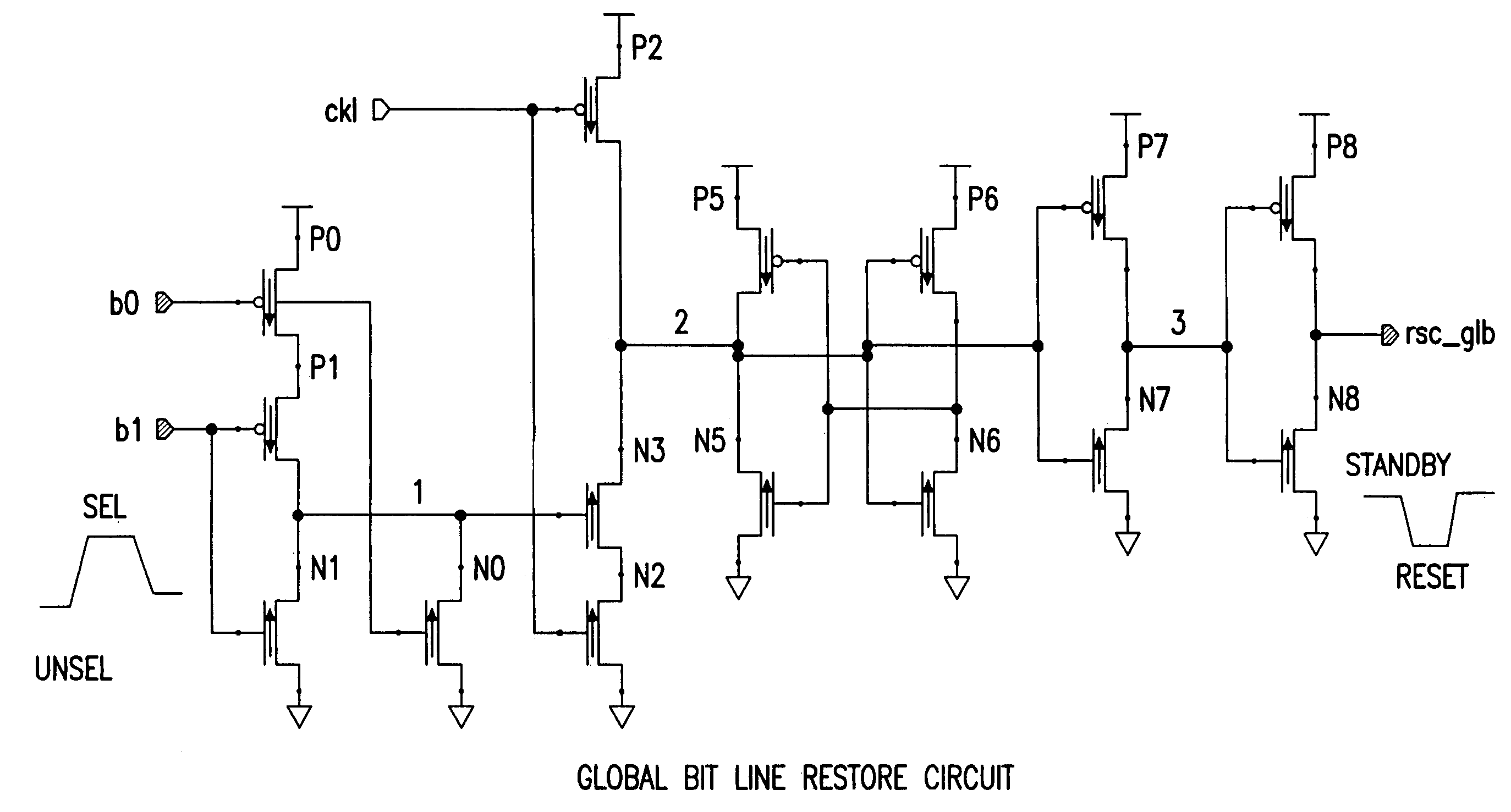 Global bit line restore timing scheme and circuit