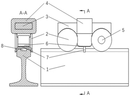 Steel rail magnetic flux leakage detection device based on zero lift-off rolling magnetization