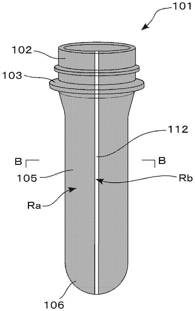 Synthetic resin window container, preform and preform injection molding device