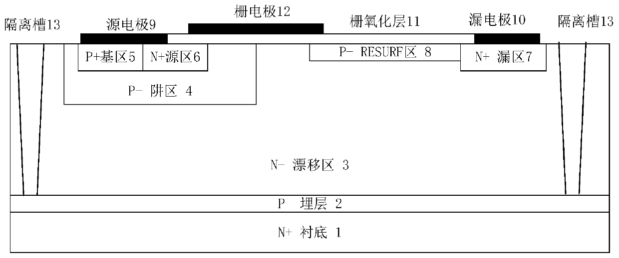 Silicon carbide LDMOS device suitable for monolithic integration and manufacturing method thereof