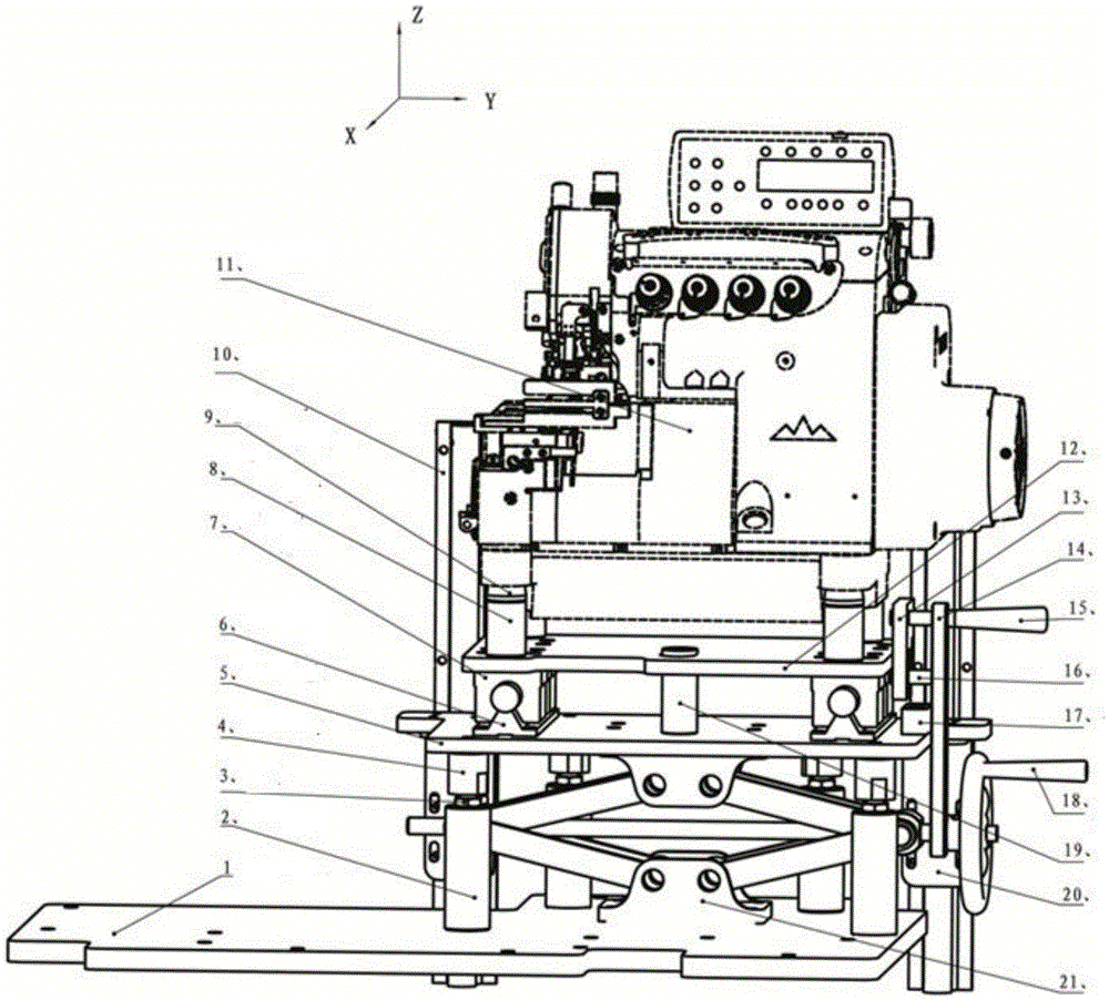 An automatic sewing unit sewing machine head position lifting device