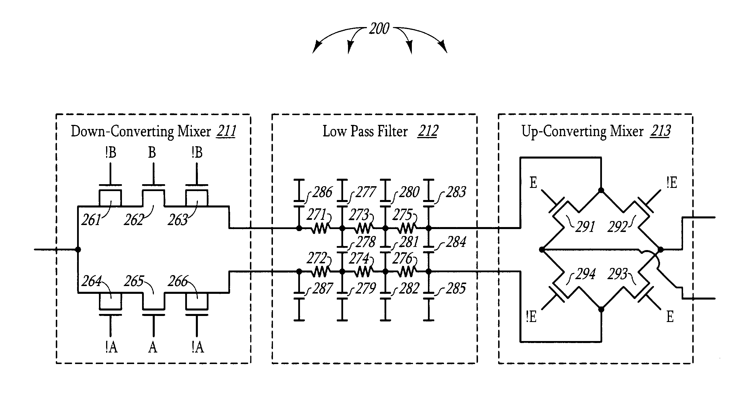 Up-conversion of a down-converted baseband signal in a direct conversion architecture without the baseband signal passing through active elements