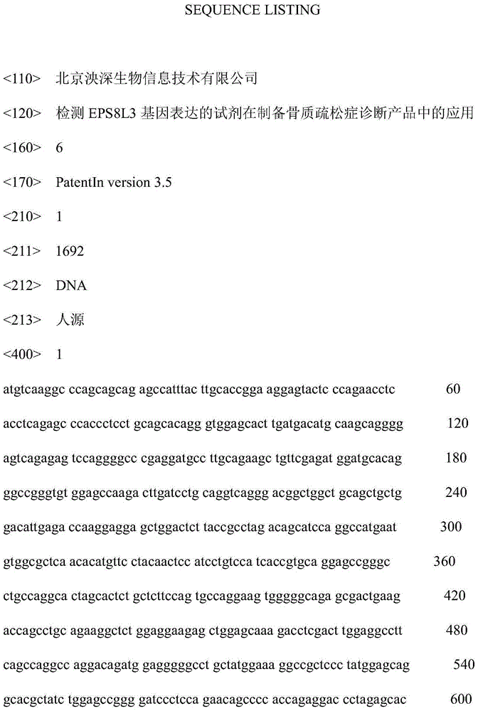 Application of EPS8L3 gene expression detecting reagents to preparing osteoporosis diagnostic products