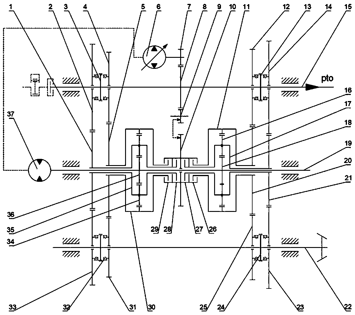 A double-planet row multi-stage multi-clutch hydraulic-mechanical continuously variable transmission