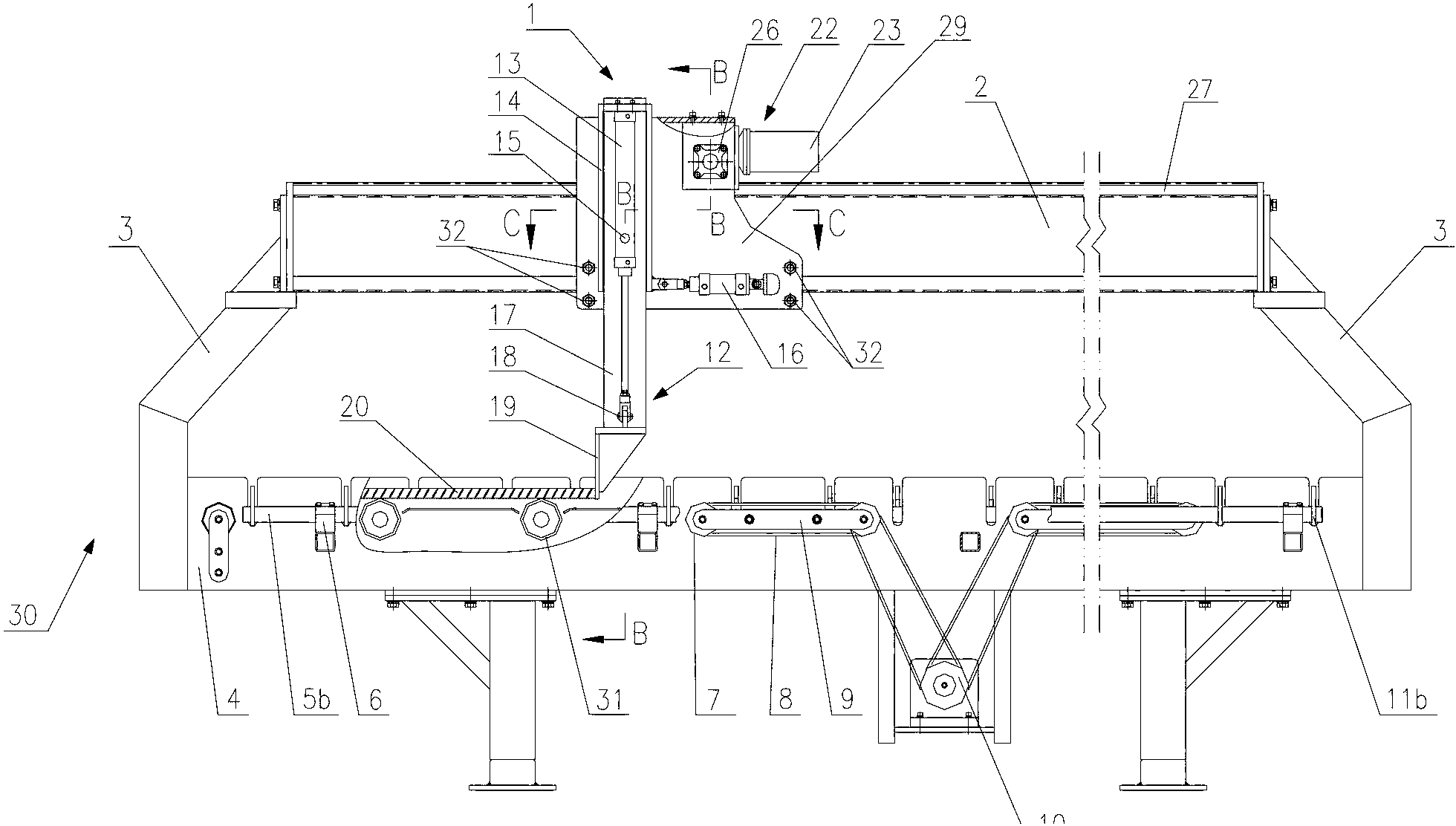 Bridge frame movable type steel bar sizing device of steel bar conveying device