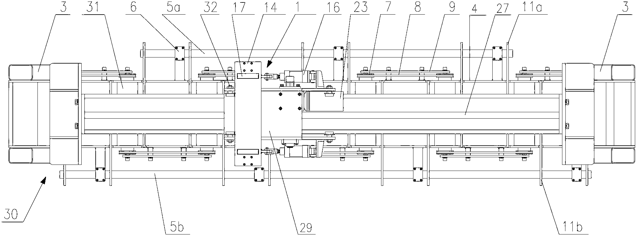 Bridge frame movable type steel bar sizing device of steel bar conveying device