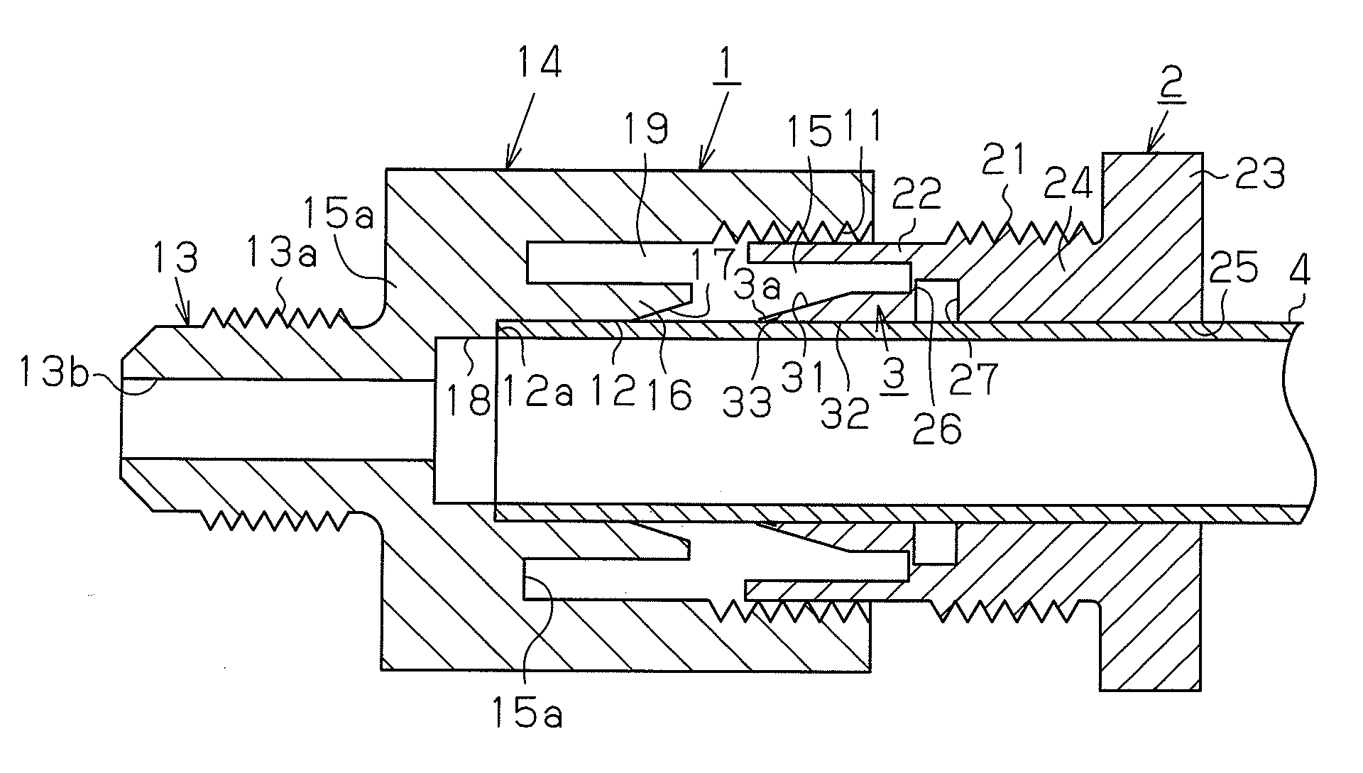 Bite-in type pipe joint, refrigerating apparatus, and water heating device