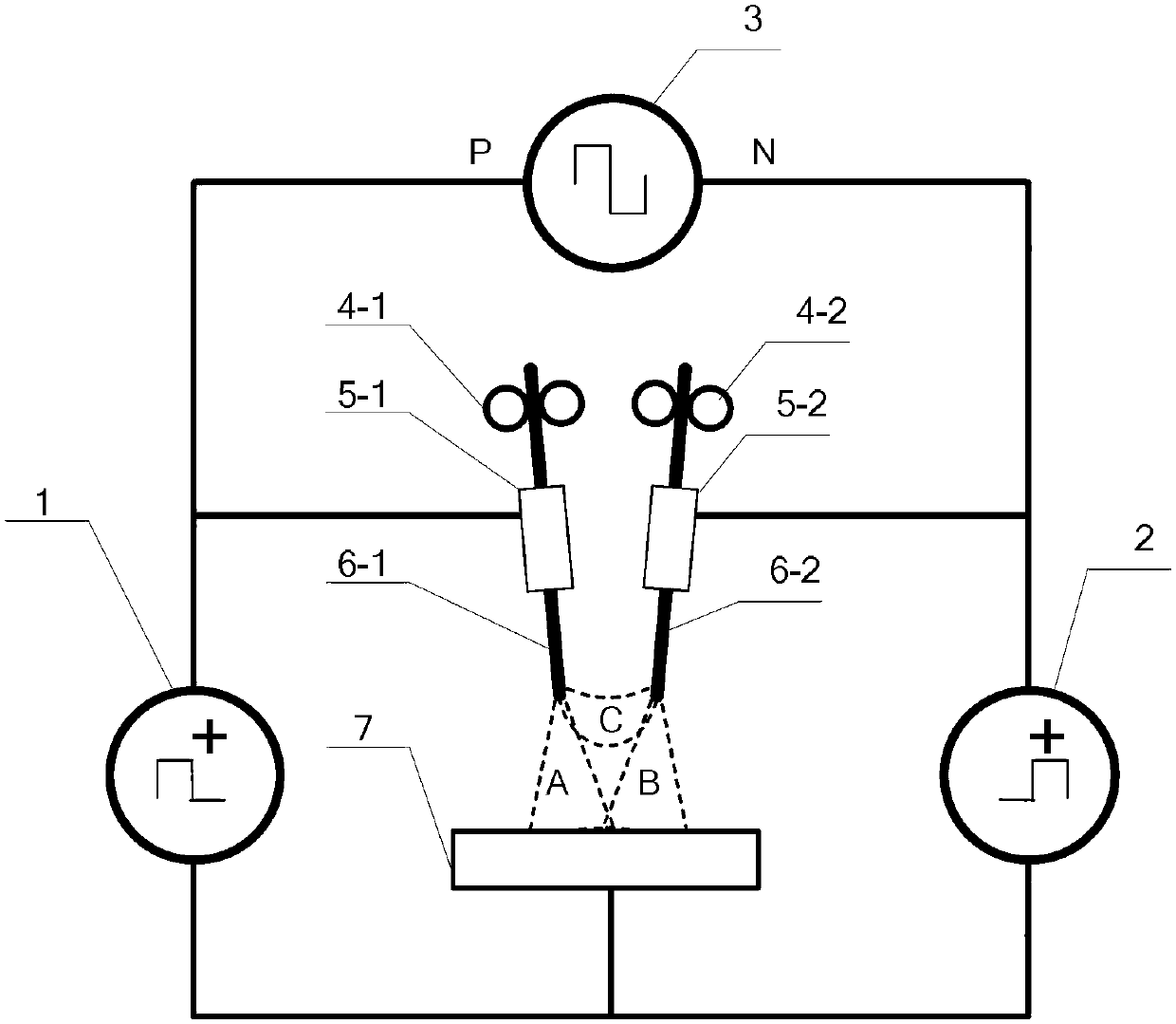 Multi-state double-wire electrical arc welding device and welding method