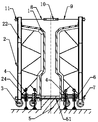 Walking type set-shaped steel framework and installation method for T-beam framework.