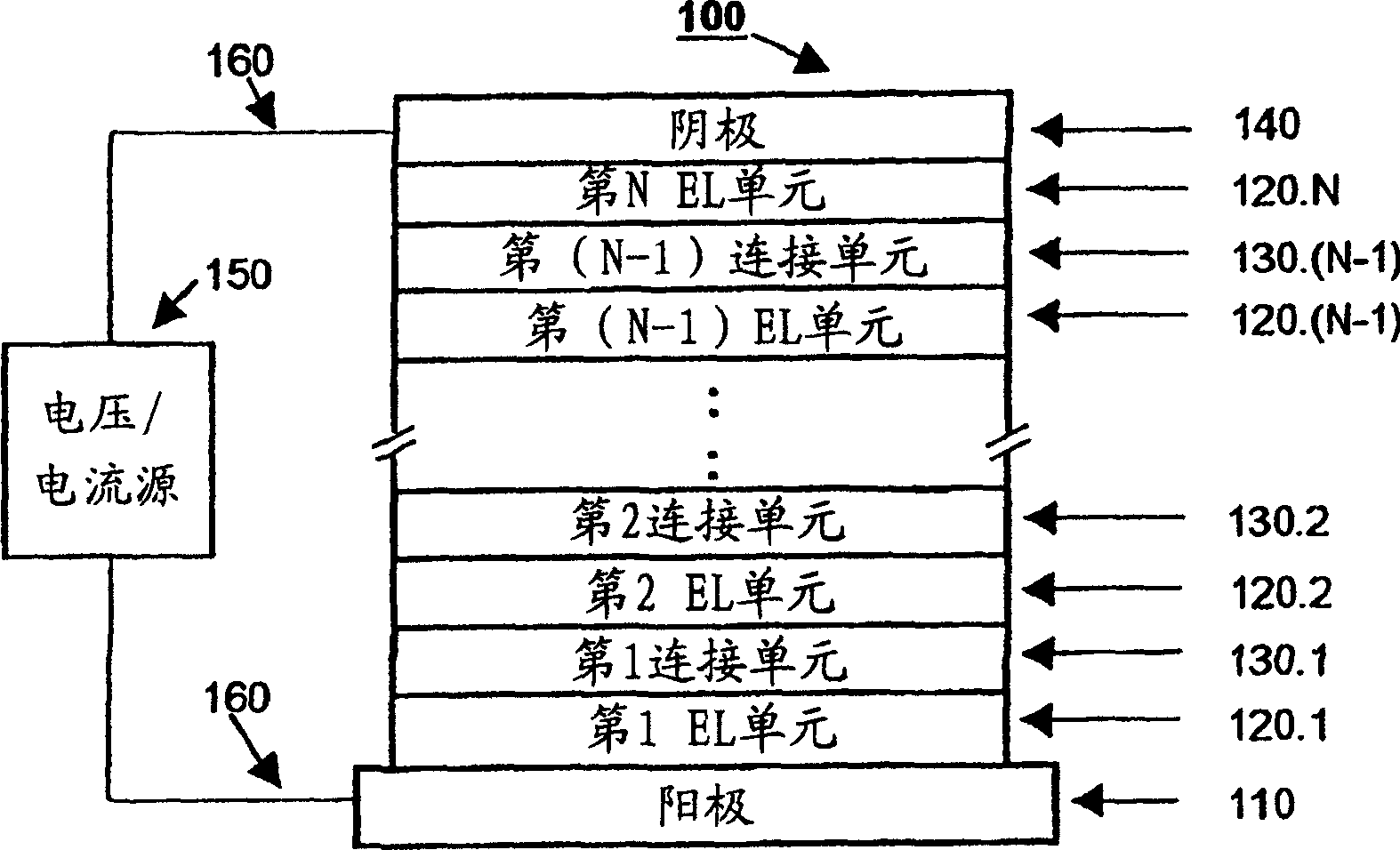 Cascade organic electroluminescence device with improved voltage stability