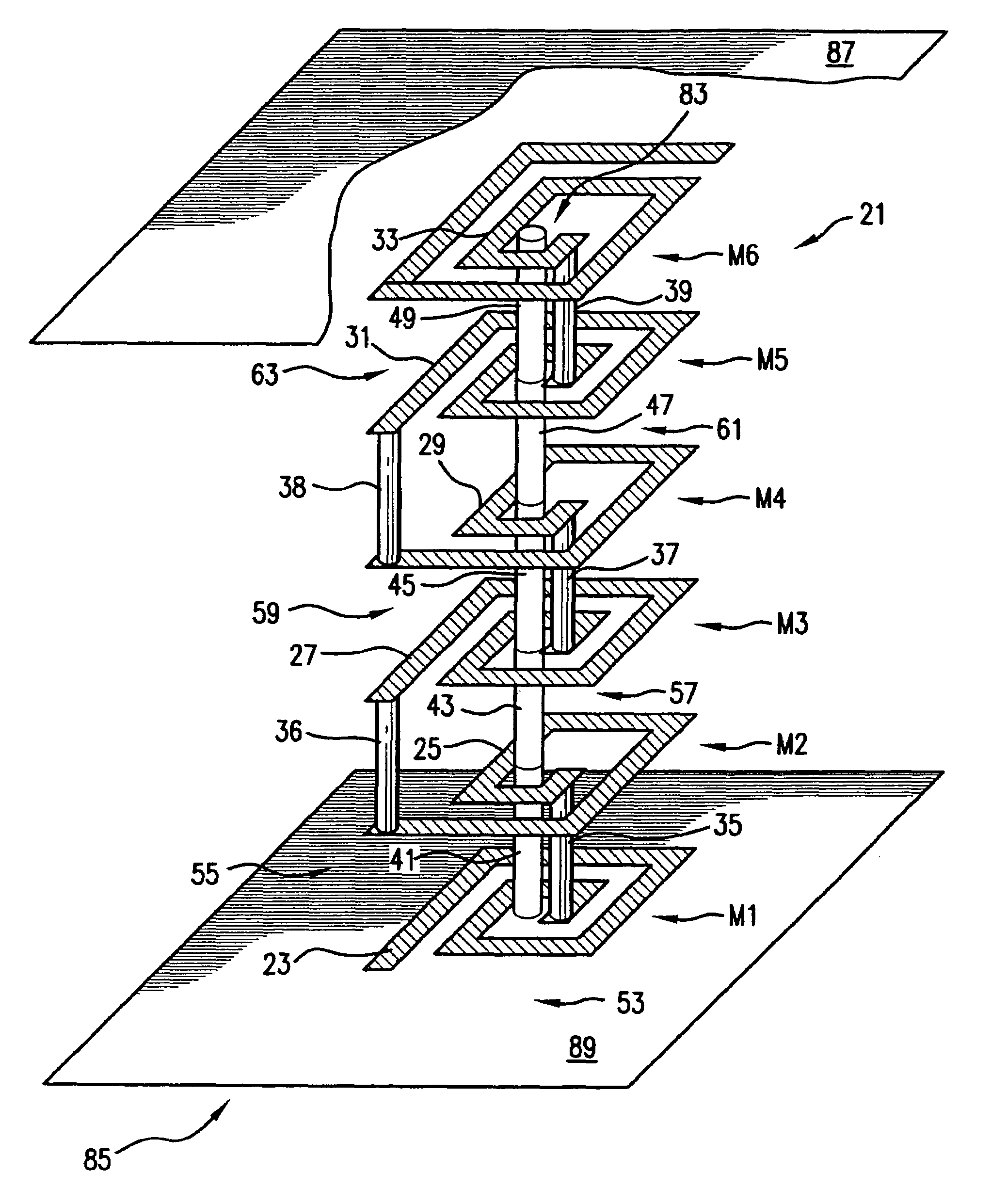 Compact inductor with stacked via magnetic cores for integrated circuits