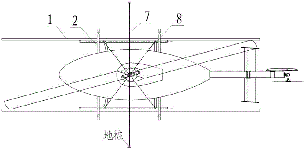 Helicopter tethered flight test protective device and its tethering method