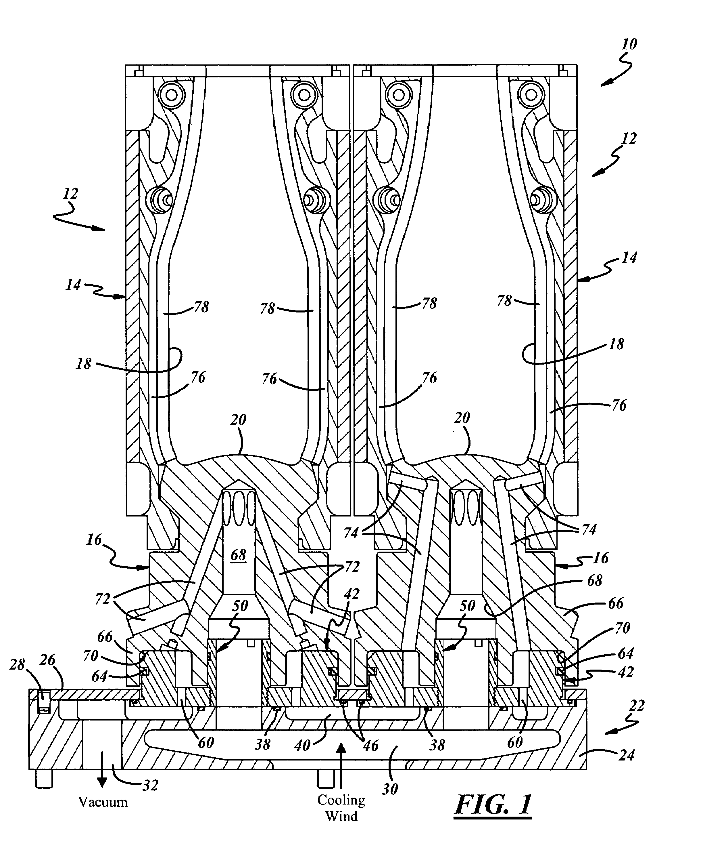 Floating mount bottom plate holder in a glassware forming machine