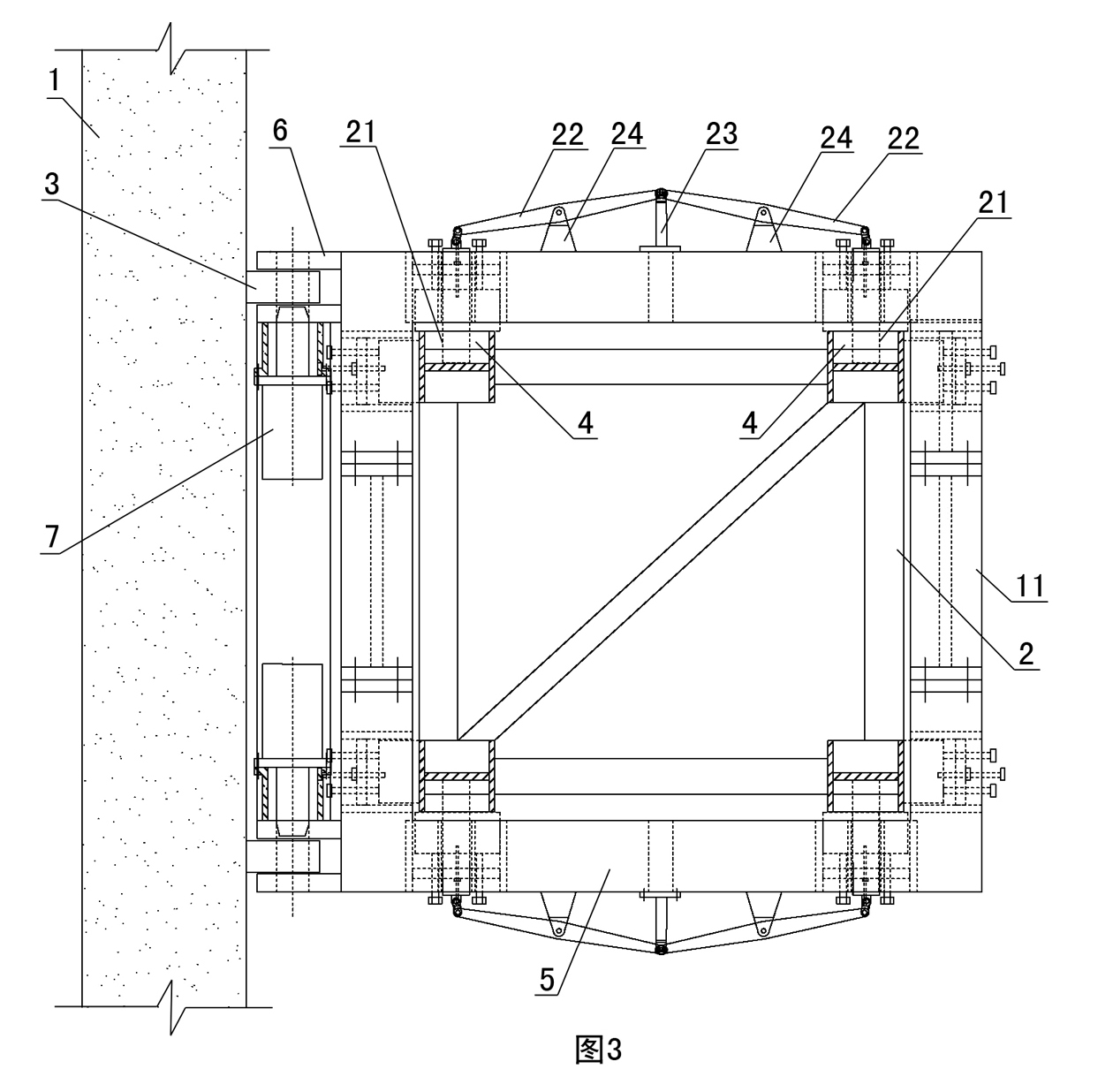 Hydraulic climbing system for wall-attached support frame