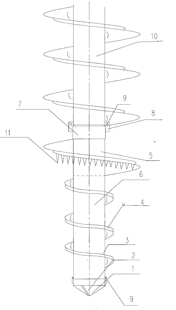 Segmented bit of long spiral drilling machine