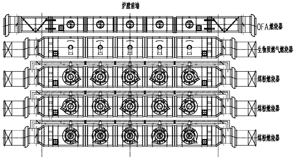 Coal-burning boiler coupling biomass fuel gas combustion device and combustion system arrangement method using same