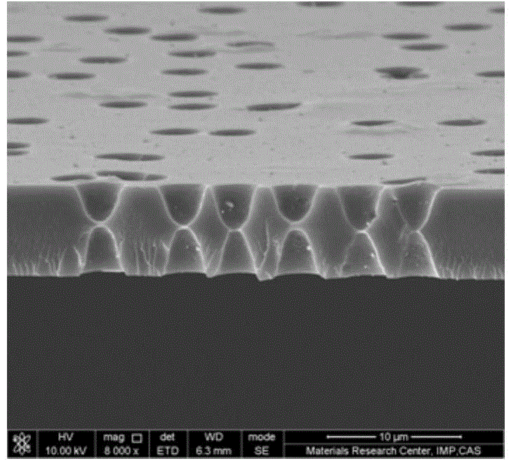 Hourglass type pore channel nuclear pore filtering film and preparation method thereof