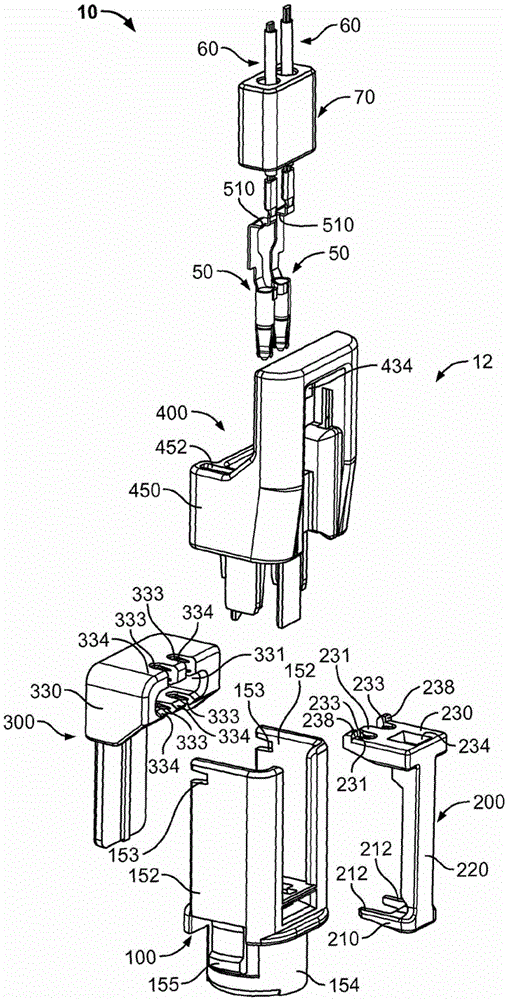 Connector assembly for plug-in electrical connectors, plug-in electrical connectors and manufactured cables
