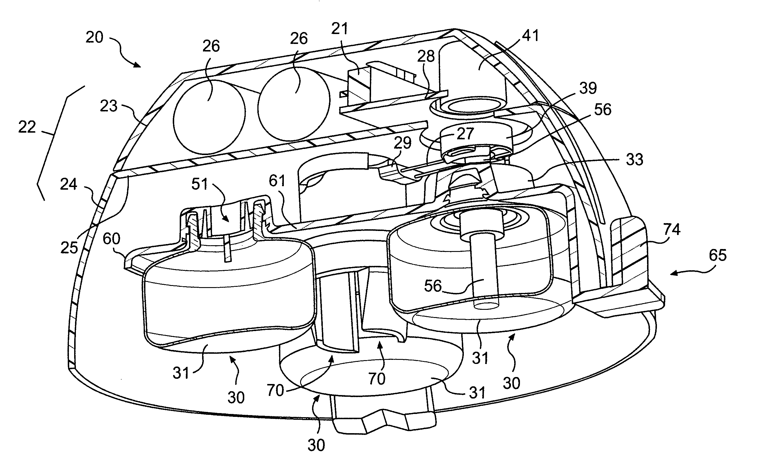 Electromechanical apparatus for dispensing volatile substances with single dispensing mechanism and cartridge for holding multiple receptacles