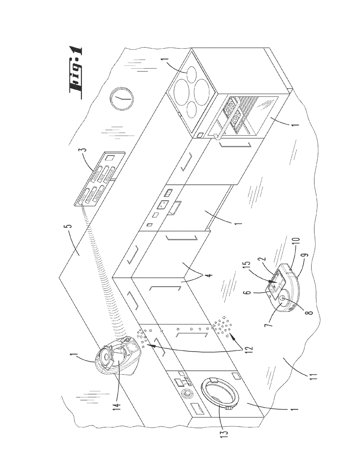 System of at least one household appliance, at least one automatically moving cleaning device and a control device