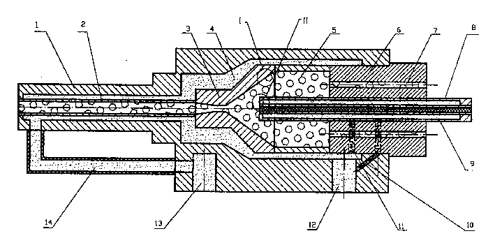 Axial sending-off powder type flame gun in supersonic speed using liquid fuel as energy sources