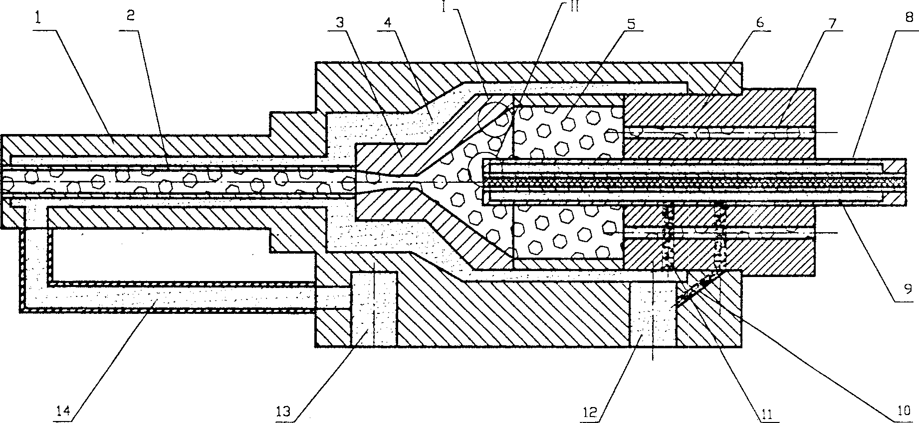 Axial sending-off powder type flame gun in supersonic speed using liquid fuel as energy sources