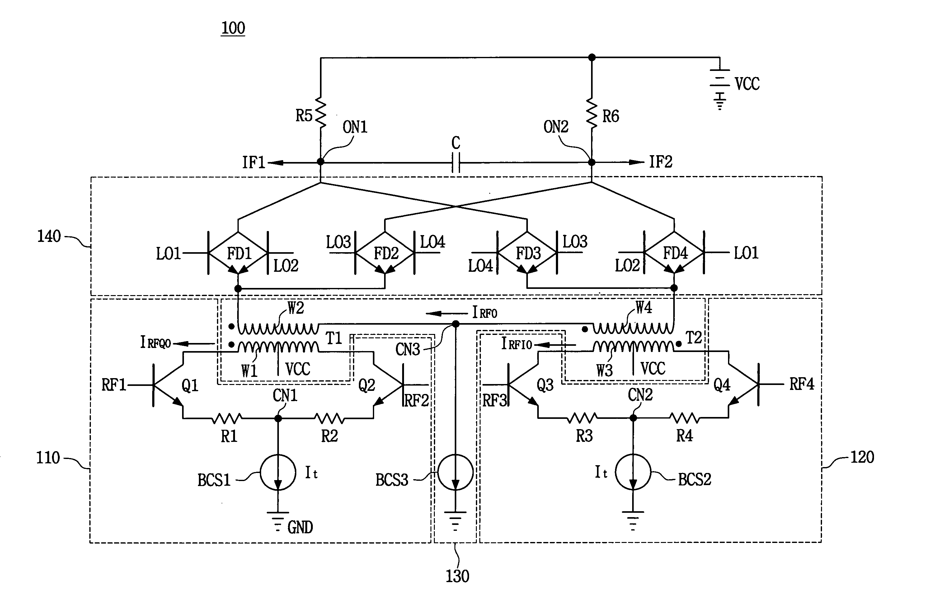 Circuit and method for receiving and mixing radio frequencies in a direct conversion receiver