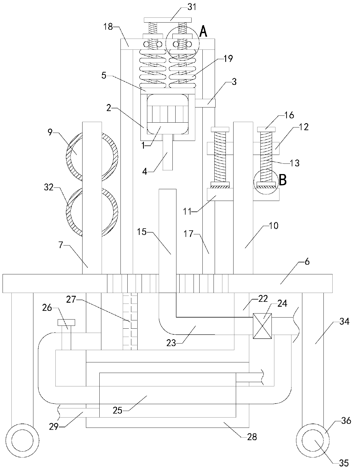 A plate drilling device used in the process of automobile production