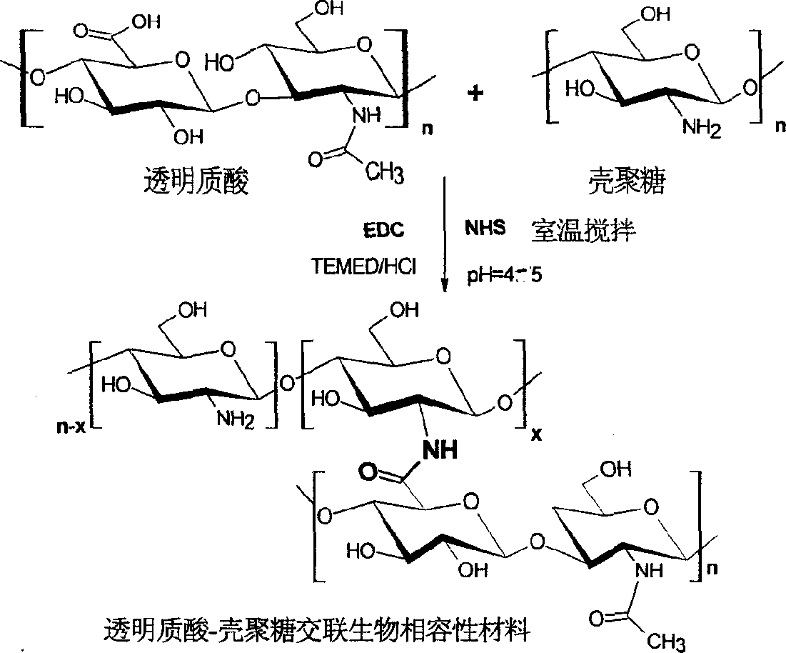 Process for preparing hyaluronic acid-chitosan crosslinked biocompatible materials