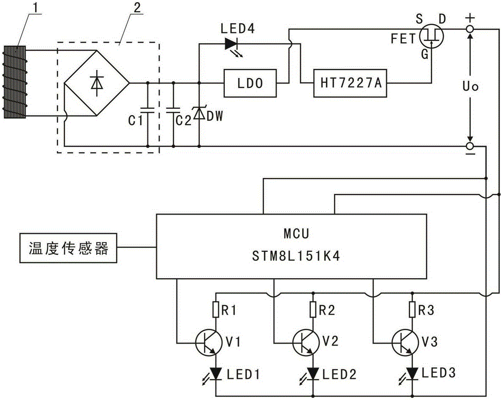 Micro-current induction power supply type temperature measurement and alarm device and temperature measurement and alarm method