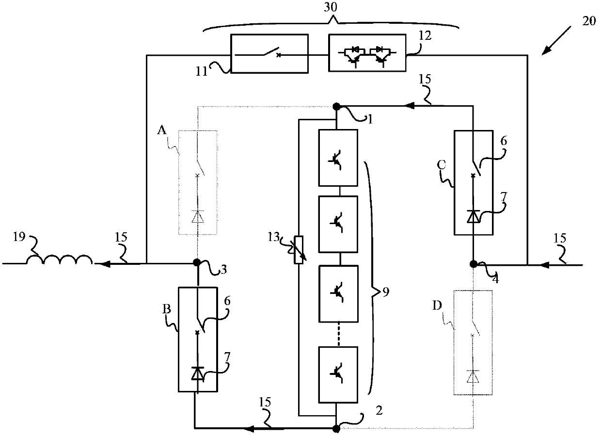 Two-way line current breaking device and control method thereof