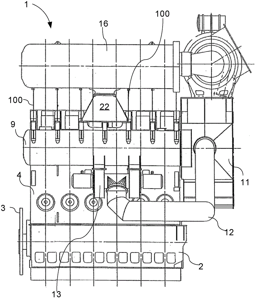 A large two-stroke diesel engine and a supporting plate structure for connection between an engine main structure and an exhaust gas receiver