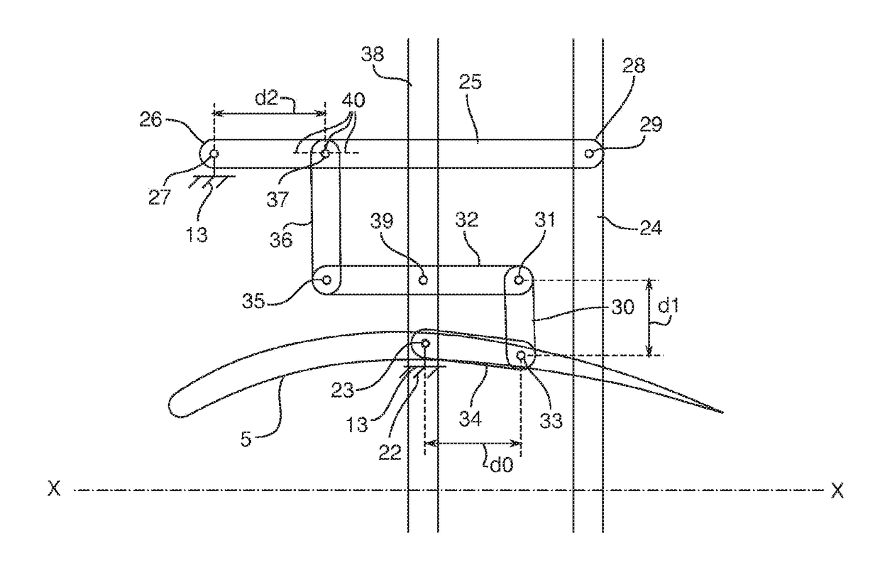 Device for the individual adjustment of a plurality of variable-pitch radial stator vanes in a turbomachine