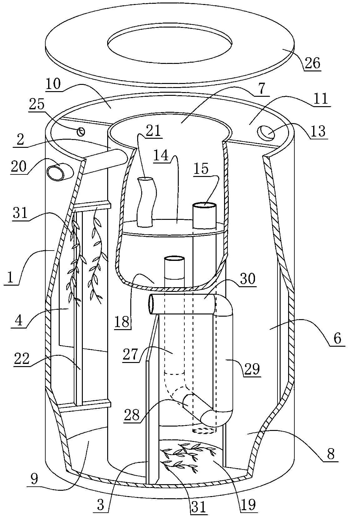 A double-tube multi-grid self-stirring combined purification tank